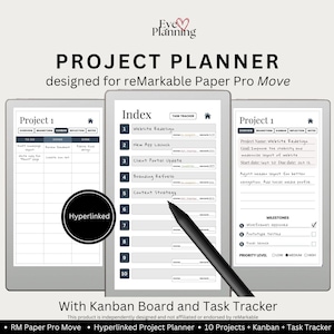 Hyperlänkad projektplanerare för reMarkable Paper Pro Move | Projektorganisatör, Kanban-tavla, uppgiftsspårare, projektöversikt och anteckningsmall
