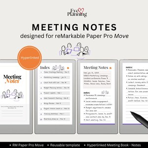 May include: Digital meeting notes designed for reMarkable Paper Pro Move. The image shows a hyperlinked meeting book with an index, meeting details, and notes. The notes include reminders, action items, and assignments. The text includes the phrase "Meeting Notes".