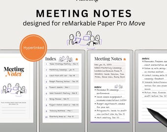 Mötesanteckningar utformade för reMarkable Paper Pro Move | Hyperlänkad mötesanteckningsbok | Mötesorganisatör | Mötesprotokoll | Återanvändbar PDF
