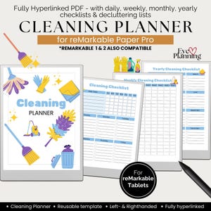 May include: Digital cleaning planner for reMarkable tablets. The planner includes daily, weekly, monthly, and yearly checklists. The image shows the planner's cover with cleaning-themed illustrations and sample pages. Text on the image includes "Cleaning Planner" and "For reMarkable Tablets."