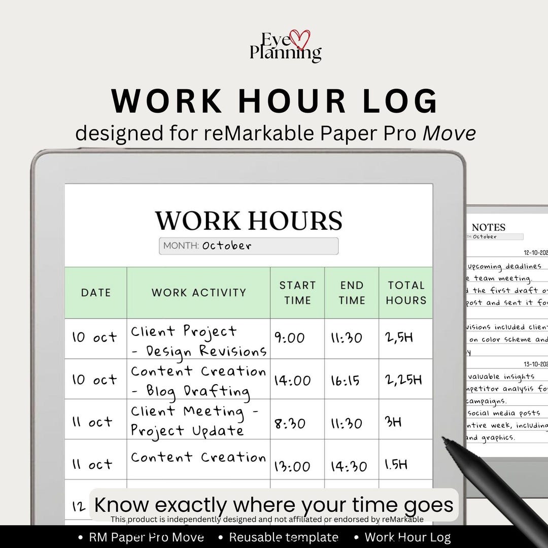 Work Hour Log Designed for the Remarkable Paper Pro Move | Digital Time ...