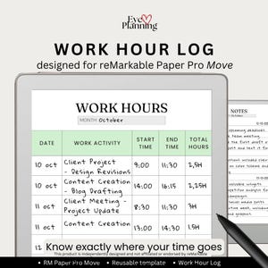 Work Hour Log designed for the reMarkable Paper Pro Move | Digital Time sheet Template | Reusable Work Hours Tracker | Productivity Planner