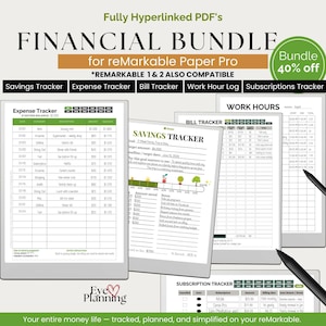 Pacote Financeiro reMarkable Paper Pro e reMarkable 2 | Controle de Despesas Mensais, Controle de Contas, Controle de Poupança, Registro de Horas de Trabalho, Assinaturas