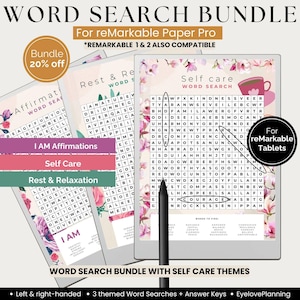 Puede incluir: Un paquete digital de sopas de letras para tabletas reMarkable con tres temas: I AM Affirmations, Self Care y Rest & Relaxation. La pantalla muestra una cuadrícula con bordes florales, un lápiz óptico y texto, incluyendo Bundle 20% off.