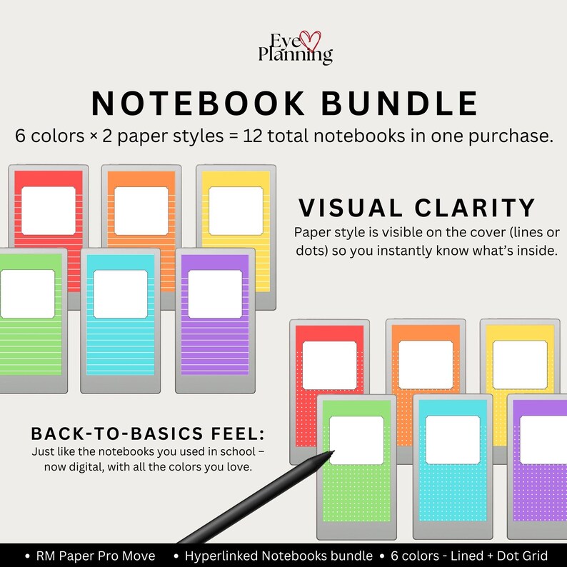 Aesthetic digital notebooks with lined and dot grid options, designed for reMarkable Paper Pro Move users