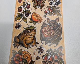 Poison Garden Sticker Sheet | Bat, Toad & Botanical Tattoo Flash | Vintage Style