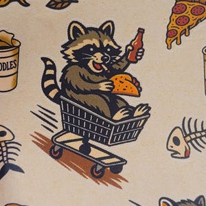 May include: A repeating pattern featuring a raccoon in a shopping cart, holding a taco and a bottle. Pizza slices, fish bones, and other food-related graphics are also present. The color palette includes brown, tan, and black.