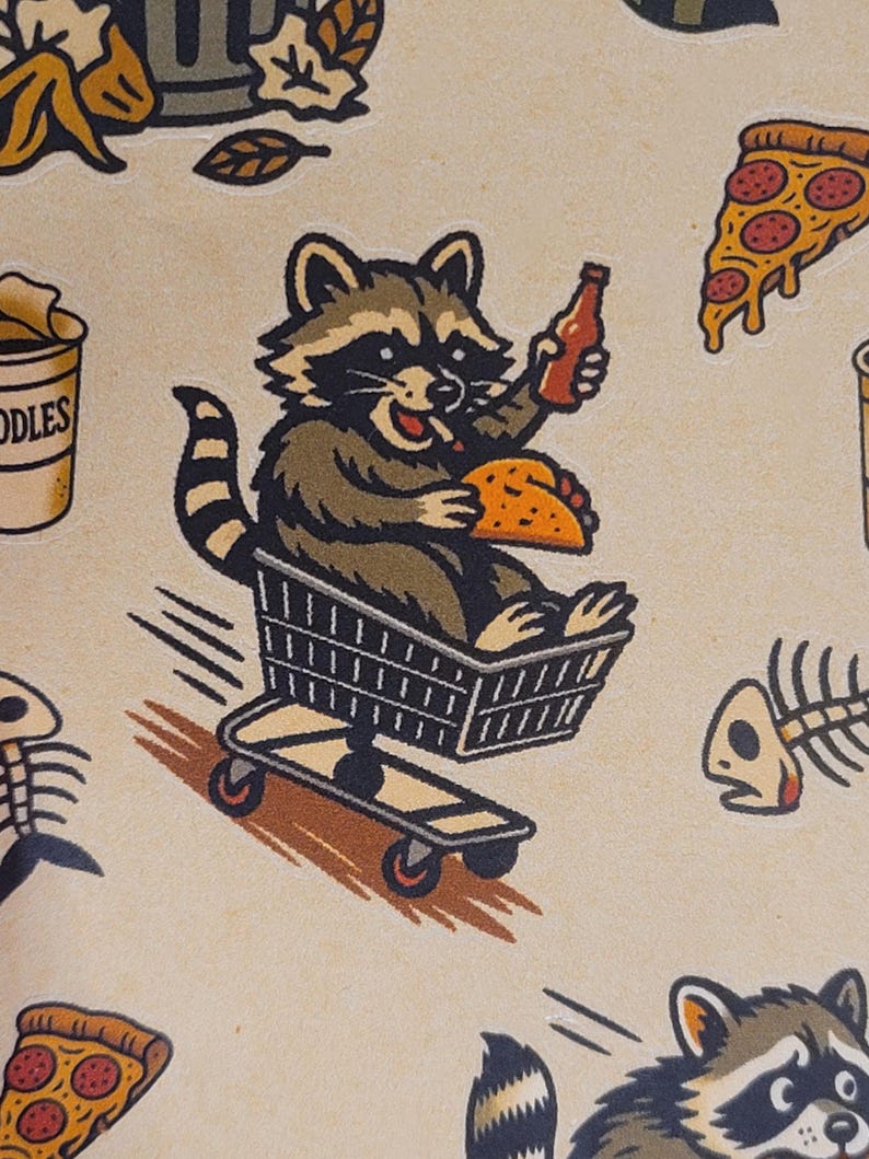 May include: A repeating pattern featuring a raccoon in a shopping cart, holding a taco and a bottle. Pizza slices, fish bones, and other food-related graphics are also present. The color palette includes brown, tan, and black.