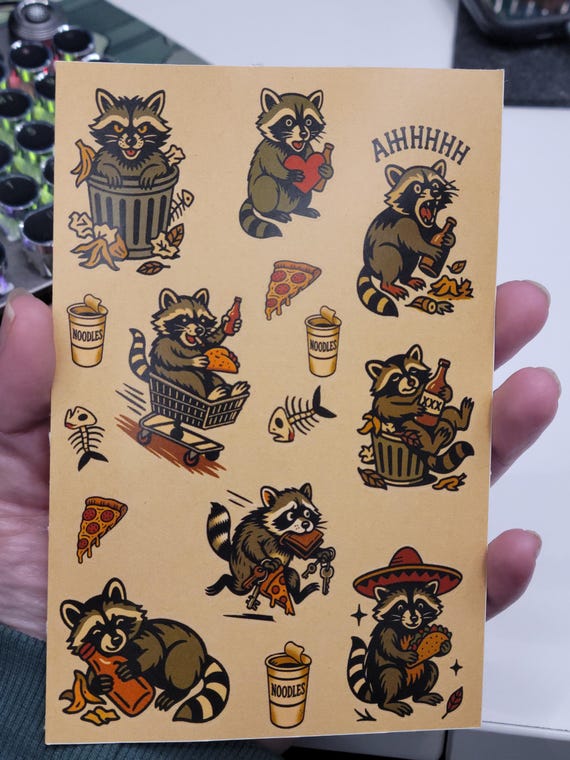 Traditional style michivious Raccoon sticker sheet-Raccoons, noodle cups, bones,pizza