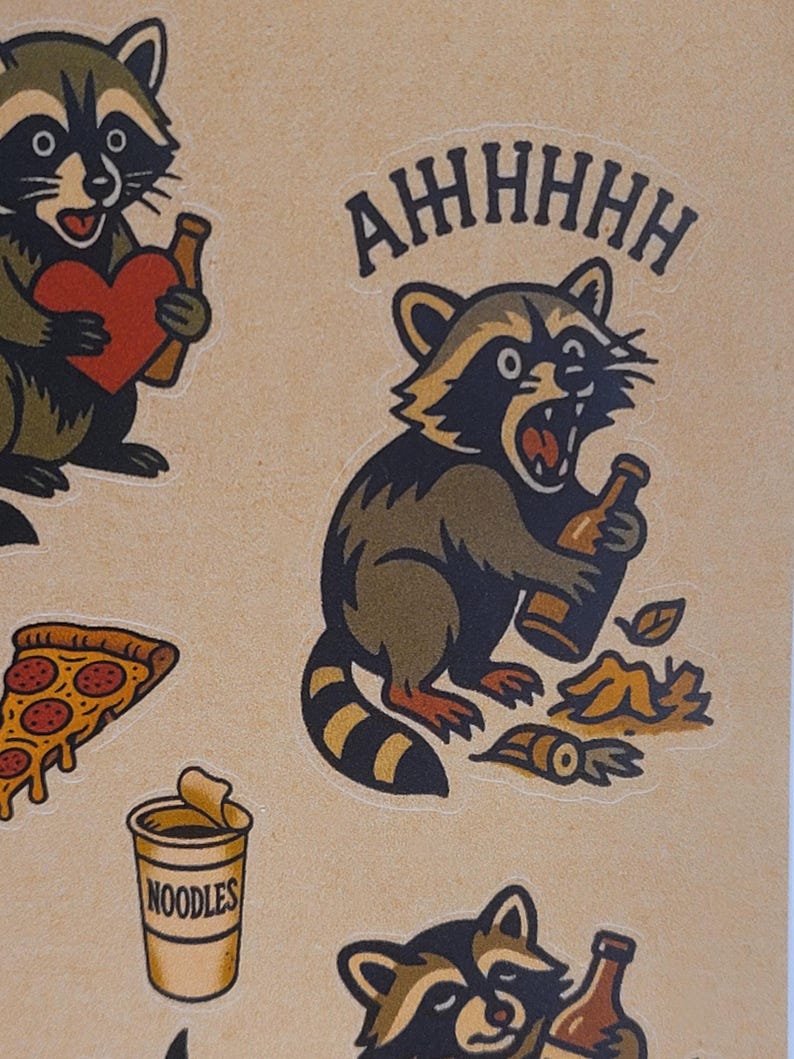 May include: A collection of raccoon-themed stickers. One raccoon holds a heart, another a bottle, and a third is yelling with a bottle. Other stickers include pizza and a cup of noodles. The word "AHHHHH" is above one raccoon.