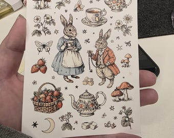 Rabbit Tea Party Sticker Sheet | Vintage Fairytale Illustration | Cozy Cottagecore Art