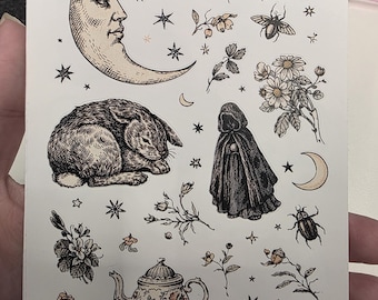 Celestial Folklore Sticker Sheet | Moon, Rabbit & Vintage Illustration | Cottagecore Stickers