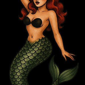 May include: Illustration of a mermaid with red hair and a black top. The mermaid has a green scaled tail and is set against a black background. The mermaid is in a classic pin-up pose.