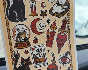 Witchy Tattoo Flash Sticker Sheet: Occult Cats, Skulls, Tarot