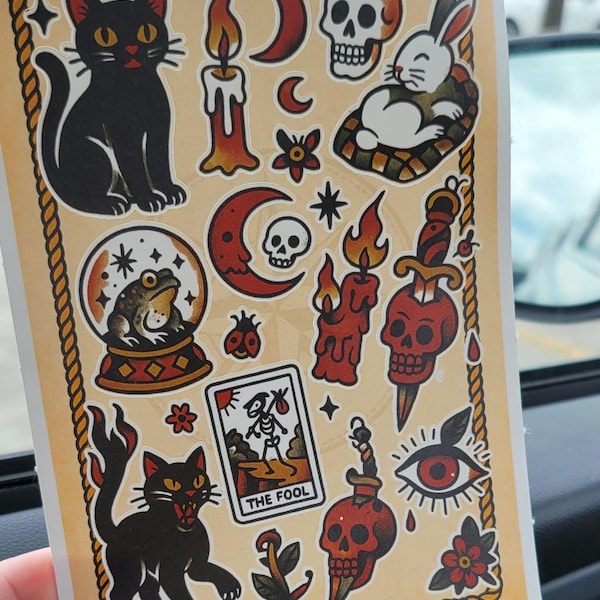 Witchy Tattoo Flash Sticker Sheet: Occult Cats, Skulls, Tarot