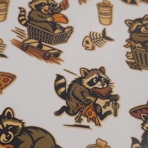 May include: A repeating pattern of cartoon raccoons in various poses. One raccoon is in a shopping cart on a skateboard, another is carrying keys and pizza, and others are near food items like pizza and noodles.