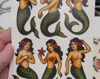 Classic Tattoo Flash Mermaid Sticker Pack | Nautical Pin-Up Art, Sailor Style Stickers