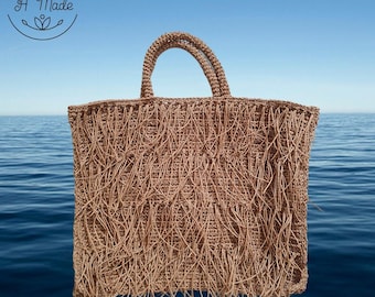 Handmade Raffia Tote Bag – Natural Boho Beach Bag, Woven Statement Bag, Summer Straw Bag