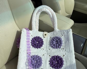 Crochet Granny Square Tote Bag: 3D Lilac Flower Design