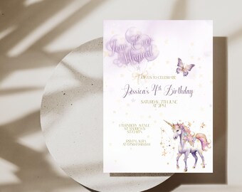 May include: A whimsical invitation for Jessica's 4th birthday, featuring a unicorn illustration with a golden horn and pink mane. The design includes purple balloons, a butterfly, and the text "Jour & a Magical". The invitation is set against a soft, light background.