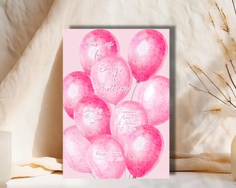 May include: Pink birthday party invitation with watercolor balloons and the text "Join us for Emily's 4th Birthday" and details for the party.