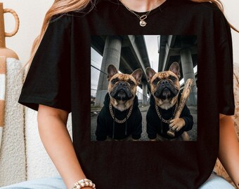 Camiseta divertida de estilo urbano con dúo de bulldog francés - Camiseta gráfica con meme de bulldog francés y cadenas