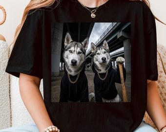 Divertida camiseta urbana con estampado de dos huskies siberianos: camiseta con estampado de dos perros con cadenas, sudadera con capucha, regalo para amantes de los animales.