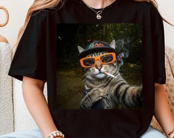 Camiseta divertida de gato fumando para selfies - Camiseta gráfica urbana con meme de gato atigrado, estética animal, regalo viral genial