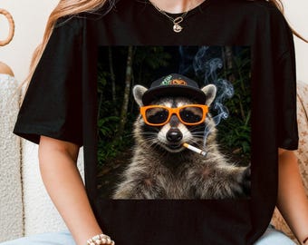 Camiseta divertida de mapache fumando de noche, meme urbano, camiseta gráfica, regalo para amantes de los animales, ropa estética viral