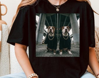 Divertida camiseta con estampado de dos pitbulls: sudadera con capucha con dos perros encadenados, estilo urbano y urbano. Regalo ideal para amantes de los animales.