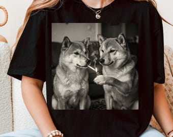 Camiseta urbana con estampado divertido de perro Shiba Inu fumando - Camiseta viral de animales