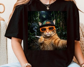 Camiseta divertida con selfie de gato fumando - Camiseta gráfica urbana moderna con diseño viral de meme urbano