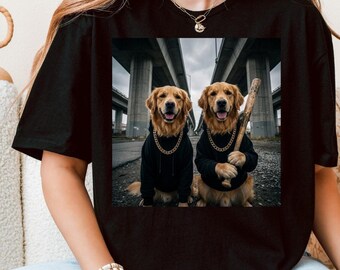 Camiseta divertida de dúo de Golden Retriever, sudadera con capucha de perro dorado, camiseta urbana de dos Golden Retrievers, camiseta gráfica de perro con cadenas, camiseta con meme de Golden Retriever