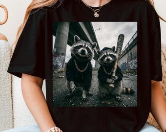 Camiseta divertida de dúo de mapaches - Camiseta gráfica de panda basurero, sudadera con capucha estilo streetwear urbano, meme, regalo para amantes de los animales