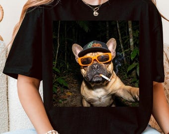 Camiseta divertida de bulldog francés haciéndose un selfie fumando - Camiseta con estampado de meme de bulldog francés - Ropa urbana Regalo para amantes de los perros