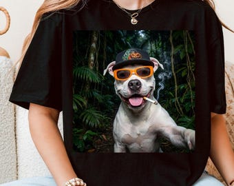 Camiseta divertida de Pitbull con selfie, camiseta gráfica de perro fumando, estilo urbano, meme, regalo para amantes de los animales.