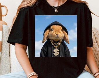 Sudadera con capucha de conejo divertida, camiseta urbana de conejito, gráfico de cadenas, lindo meme estilo urbano regalo