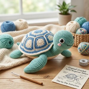 Könnte beinhalten: Ein gehäkeltes Amigurumi-Schildkrötenspielzeug in Blau und Türkis mit gemustertem Panzer, neben einer Holzhäkelnadel, einem weißen Maßband und einer gedruckten Anleitungskarte mit dem Titel Original Crochet Turtle Amigurumi Pattern.