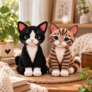 以下が含まれることがあります： 並んで座っている2つの編みぐるみの猫のフィギュア。1匹は黒色で、胸、口元、足先が白色です。もう1匹は茶色とベージュの縞模様で、胸、口元、足先が白色です。どちらも大きな暗い色の目とピンク色の耳の内側が特徴です。