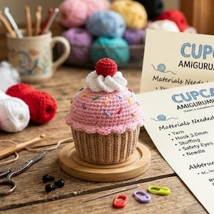Peut inclure: Un cupcake amigurumi au crochet avec une base beige, un dessus rose, un glaçage blanc et une cerise rouge. Le cupcake présente des vermicelles colorés et repose sur un socle en bois. Inclut des fiches de modèles, pelotes, ciseaux et outils.