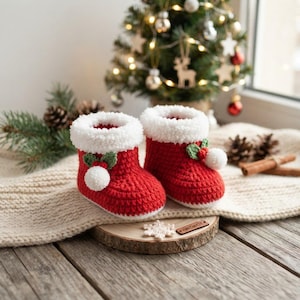 May include: A pair of red crocheted baby booties featuring a white fuzzy cuff, a small green leaf accent, and a white pom-pom on the front. The booties are displayed on a round wooden base with a small white snowflake ornament and a wooden tag.