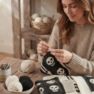 May include: A crochet project featuring a black and white skull pattern, worked with a gold-colored hook. The piece includes several balls of cream and black yarn in a ceramic bowl, with a small paper tag attached to the fabric.