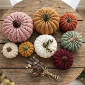Può includere: Una collezione di otto zucche all'uncinetto di varie dimensioni e colori, tra cui rosa, giallo senape, arancione, bianco, verde salvia e bordeaux, ognuna con un gambo testurizzato, accompagnata da un piccolo mazzo di fiori secchi e pigne.