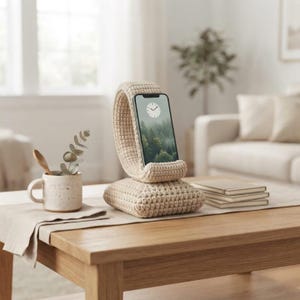 Può includere: Un supporto per telefono all'uncinetto color beige con un design curvo e imbottito che sostiene uno smartphone con un quadrante d'orologio. Il supporto è realizzato in filato testurizzato e poggia su una base quadrata piatta e stabile.