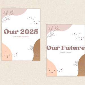 May include: Two printable pages with a white background and abstract shapes in pink and brown. The text on the first page reads "Our 2025 Goals for the Year Ahead". The text on the second page reads "Our Future Goals & Planning".