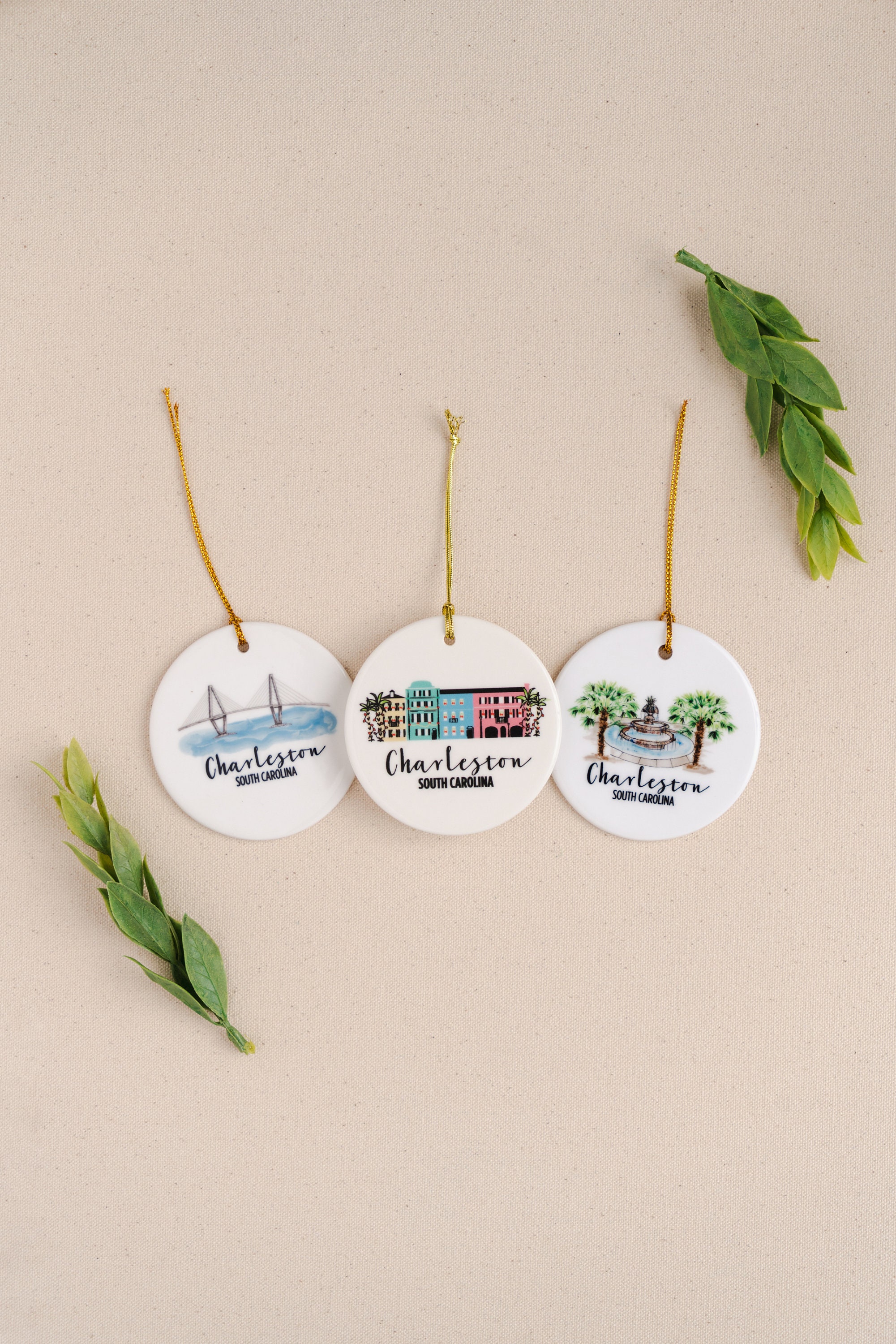 Charleston Ornament: Rainbow Row, Pineapple Fountain, Ravenel Bridge