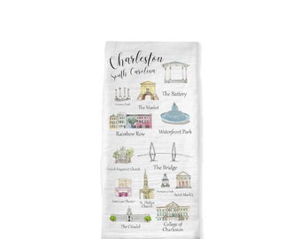 Charleston Tea Towel, Tea Towel Gift Set, Charleston Gift, South Carolina, Landmarks, Rainbow Row, Ravenel Bridge, Pineapple Fountain