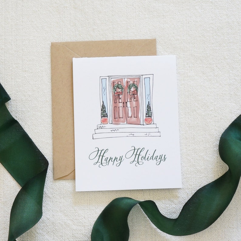 Box of 8 Watercolor Holiday Card, Christmas Card Set, Holiday Cards, Modern Calligraphy, Scenery, Wreath, Holiday Home, Home for Holidays image 1