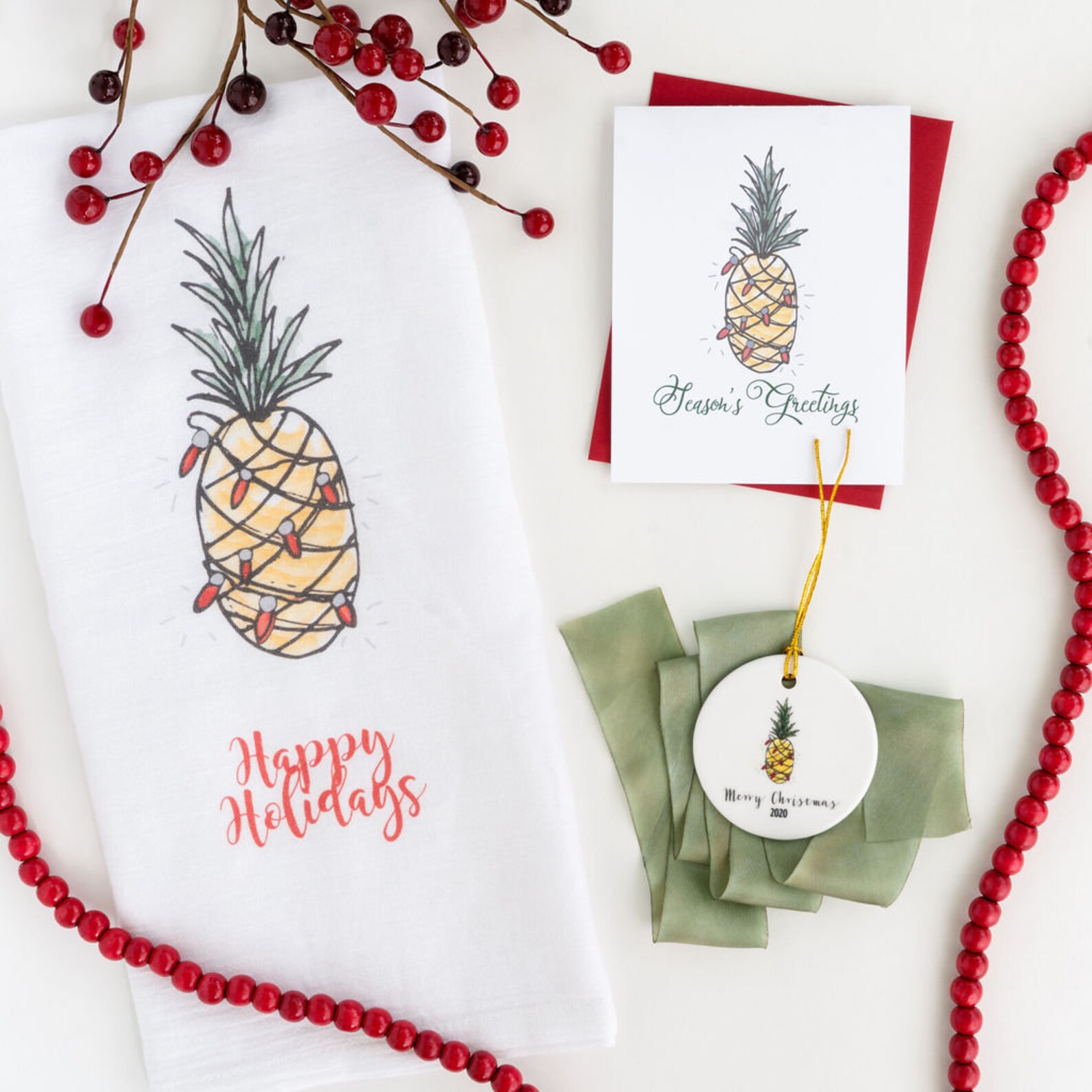 Pineapple Holiday Card, Pineapple, Watercolor, Christmas Card Set ...