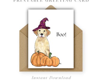 Yellow Lab Halloween Card: Dog in Witch Hat